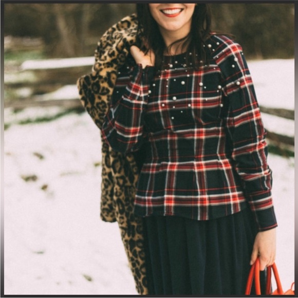 H&M| Plaid Top with Pearl Accents - Picture 2 of 9